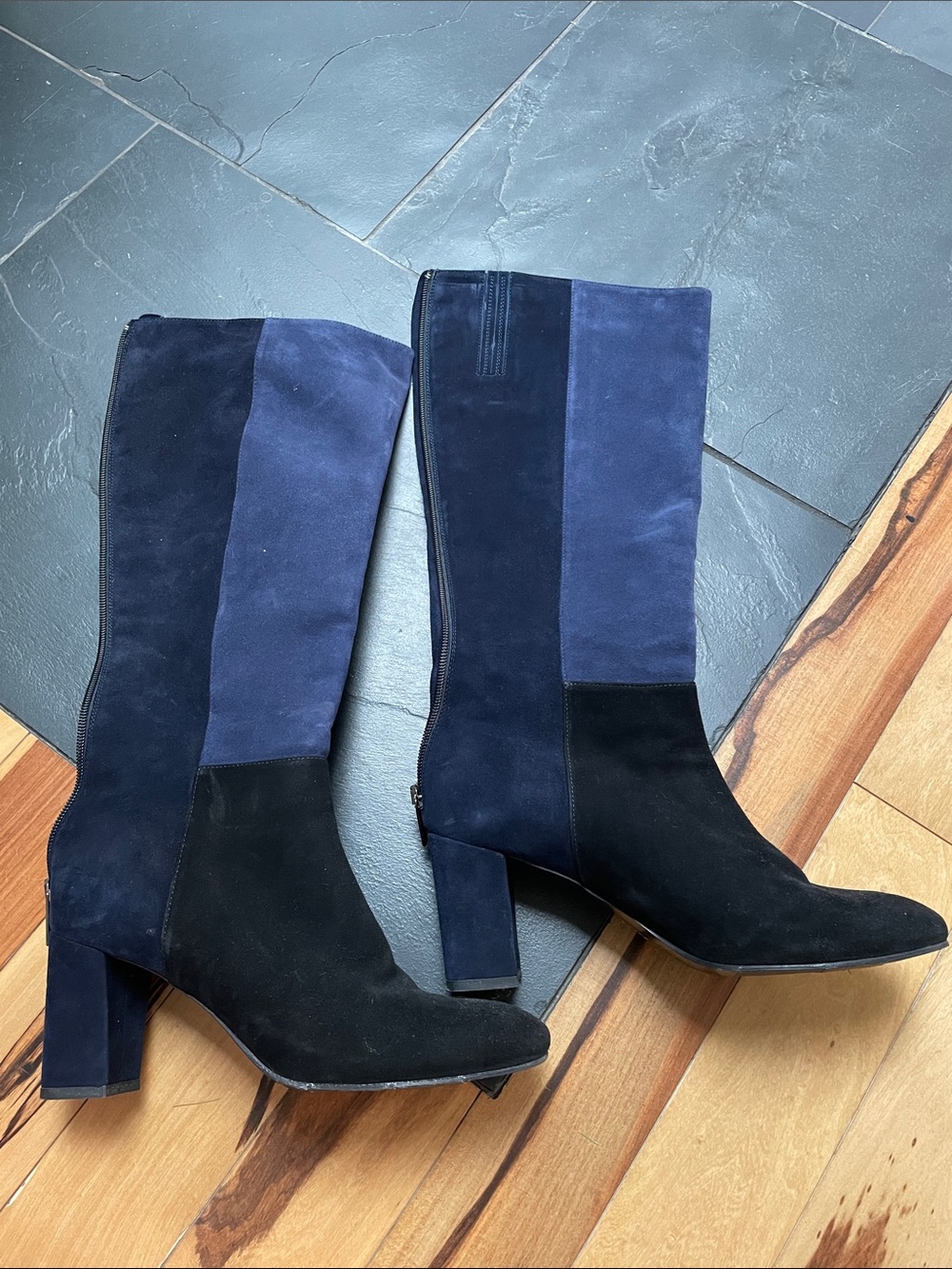 Aquatalia Navy and Black Suede Three-Tone tall Boots